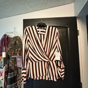 Nordstrom Black and White Striped Wrap Blouse